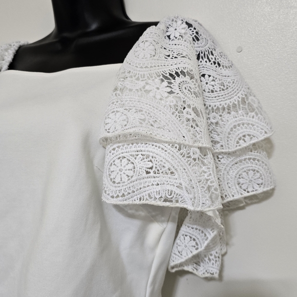 BOSTON PROPER Square Neck Crochet Ruffle Sleeve Stretch Blouse Large Off-White - Picture 5 of 16